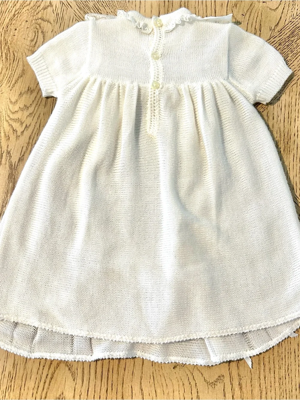 VTG 60’s 70’s White Knit Baby Dress Lace Satin Ribbon 12-18 Months?